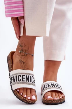 Clearance Evento Klapki Na Korku Z Cyrkoniami Białe Be Nice