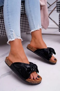 Boto Klapki Korkowe|Klapki Damskie Klasyczne*Klapki Na Korku z Kokardą Czarne Metalics