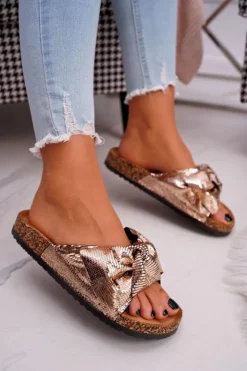 Boto Klapki Korkowe|Klapki Damskie Klasyczne*Klapki Na Korku z Kokardą Różowe Złoto Metalics