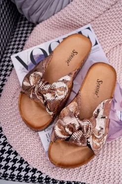 Boto Klapki Korkowe|Klapki Damskie Klasyczne*Klapki Na Korku z Kokardą Różowe Złoto Metalics