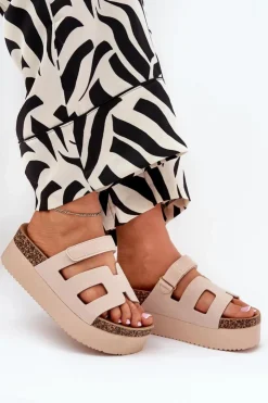 Boto Klapki Korkowe|Klapki Na Platformie*Klapki Na Masywnej Platformie Beżowe Daldiva