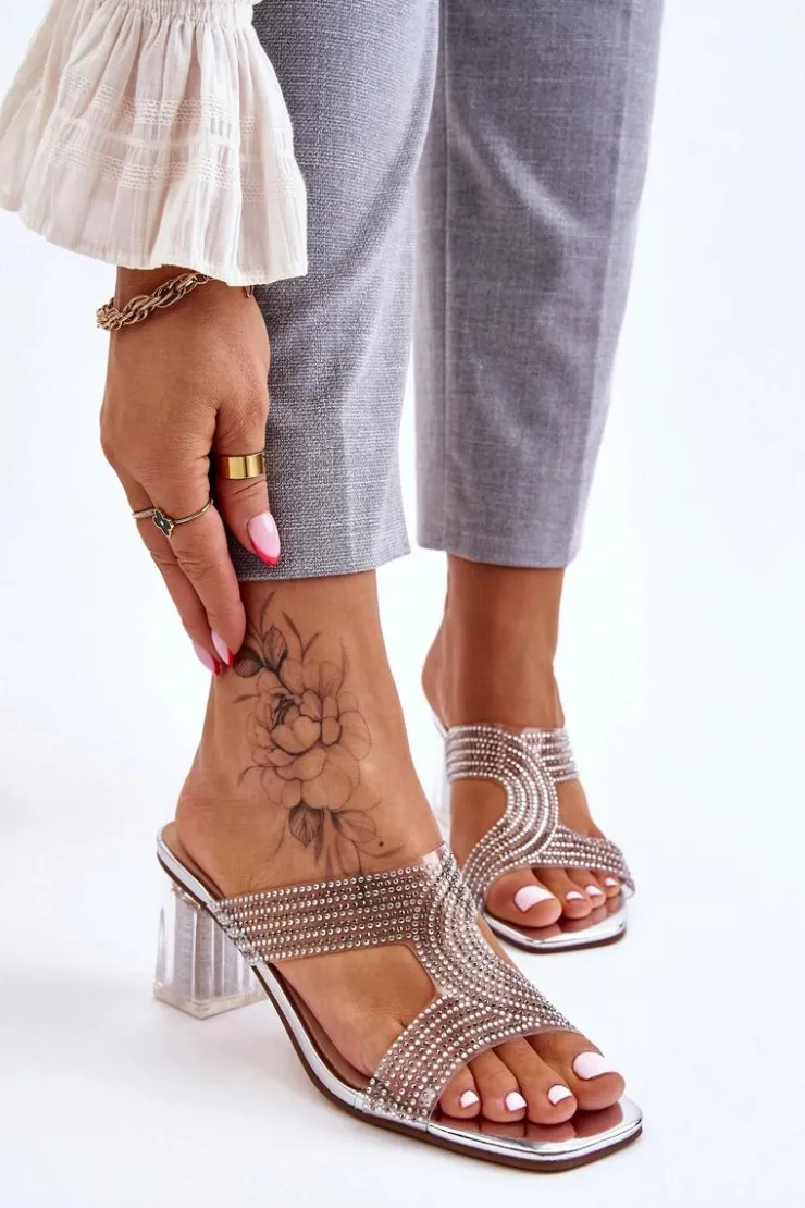 Damskie buty S.Barski Klapki Na Obcasie|Klapki Damskie Klasyczne*Klapki Na Obcasie Z Dżetami Srebrne Jaxen