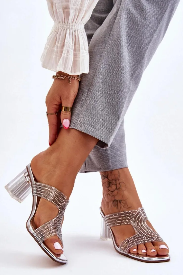 Damskie buty S.Barski Klapki Na Obcasie|Klapki Damskie Klasyczne*Klapki Na Obcasie Z Dżetami Srebrne Jaxen