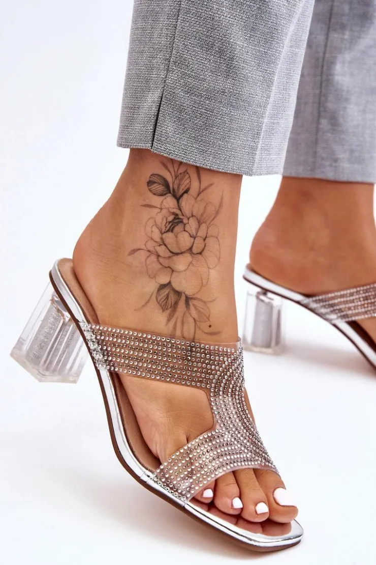 Damskie buty S.Barski Klapki Na Obcasie|Klapki Damskie Klasyczne*Klapki Na Obcasie Z Dżetami Srebrne Jaxen