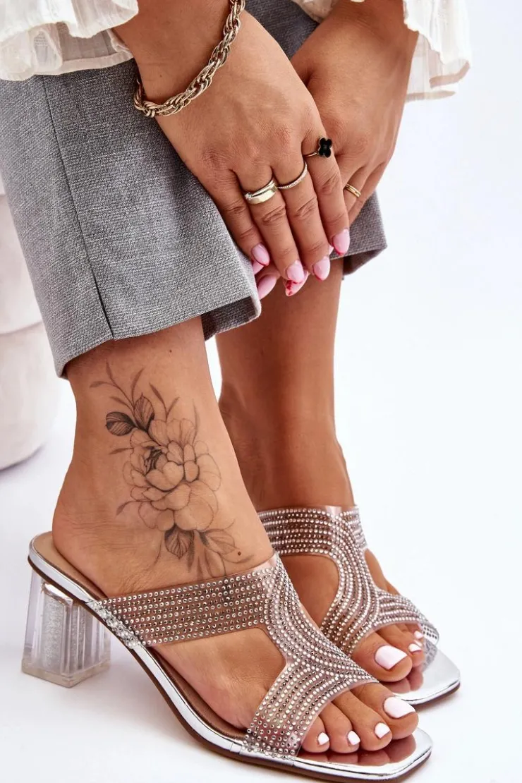 Damskie buty S.Barski Klapki Na Obcasie|Klapki Damskie Klasyczne*Klapki Na Obcasie Z Dżetami Srebrne Jaxen