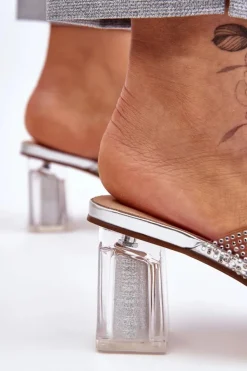 Damskie buty S.Barski Klapki Na Obcasie|Klapki Damskie Klasyczne*Klapki Na Obcasie Z Dżetami Srebrne Jaxen