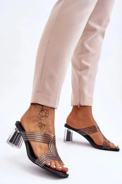 Damskie Damskie buty S.Barski Klapki Na Obcasie Z Dżetami Czarne Jaxen