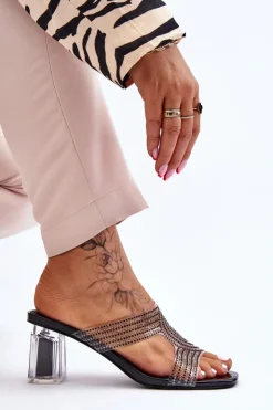 Damskie Damskie buty S.Barski Klapki Na Obcasie Z Dżetami Czarne Jaxen