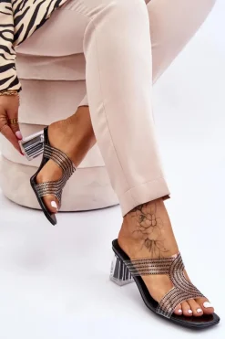 Damskie Damskie buty S.Barski Klapki Na Obcasie Z Dżetami Czarne Jaxen