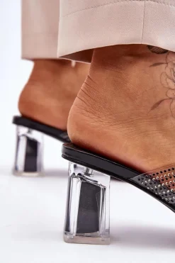 Damskie Damskie buty S.Barski Klapki Na Obcasie Z Dżetami Czarne Jaxen