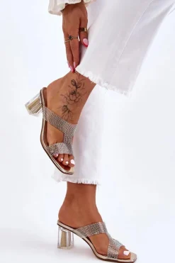 Best Damskie buty S.Barski Klapki Na Obcasie Z Dżetami Złote Jaxen