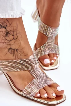 Best Damskie buty S.Barski Klapki Na Obcasie Z Dżetami Złote Jaxen
