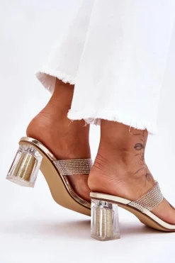 Best Damskie buty S.Barski Klapki Na Obcasie Z Dżetami Złote Jaxen