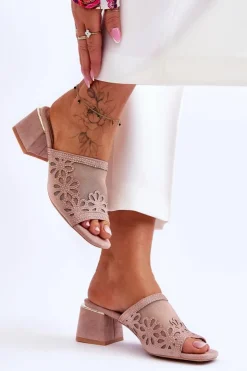 Outlet Damskie buty S.Barski Klapki Na Obcasie Z Siateczką S.Barski KV-612-1 Nude Różowy