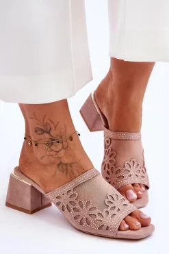 Outlet Damskie buty S.Barski Klapki Na Obcasie Z Siateczką S.Barski KV-612-1 Nude Różowy