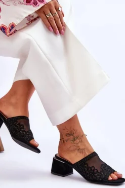 Damskie buty S.Barski Klapki Na Obcasie|Klapki Damskie Klasyczne*Klapki Na Obcasie Z Siateczką S.Barski KV-612-1 Czarne