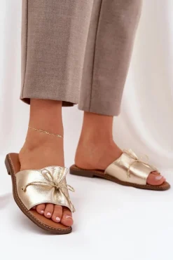 Damskie Boto Klapki Na Płaskiej Podeszwie Z Ozdobną Kokardką Złote Deonelis