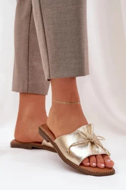 Damskie Boto Klapki Na Płaskiej Podeszwie Z Ozdobną Kokardką Złote Deonelis