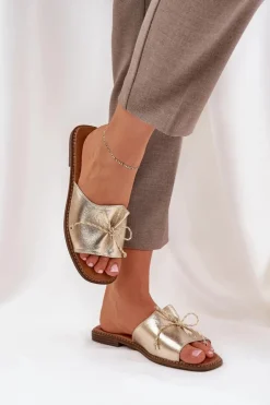 Damskie Boto Klapki Na Płaskiej Podeszwie Z Ozdobną Kokardką Złote Deonelis