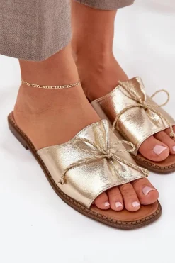 Damskie Boto Klapki Na Płaskiej Podeszwie Z Ozdobną Kokardką Złote Deonelis