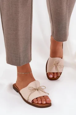 Boto Klapki Damskie Klasyczne*Klapki Na Płaskiej Podeszwie Z Ozdobną Kokardką Beżowe Deonelis Beżowy