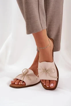 Boto Klapki Damskie Klasyczne*Klapki Na Płaskiej Podeszwie Z Ozdobną Kokardką Beżowe Deonelis Beżowy