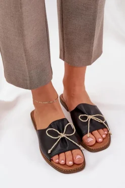 Boto Klapki Damskie Klasyczne*Klapki Na Płaskiej Podeszwie Z Ozdobną Kokardką Czarne Deonelis Czarny