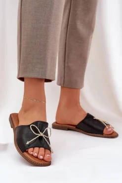 Boto Klapki Damskie Klasyczne*Klapki Na Płaskiej Podeszwie Z Ozdobną Kokardką Czarne Deonelis Czarny