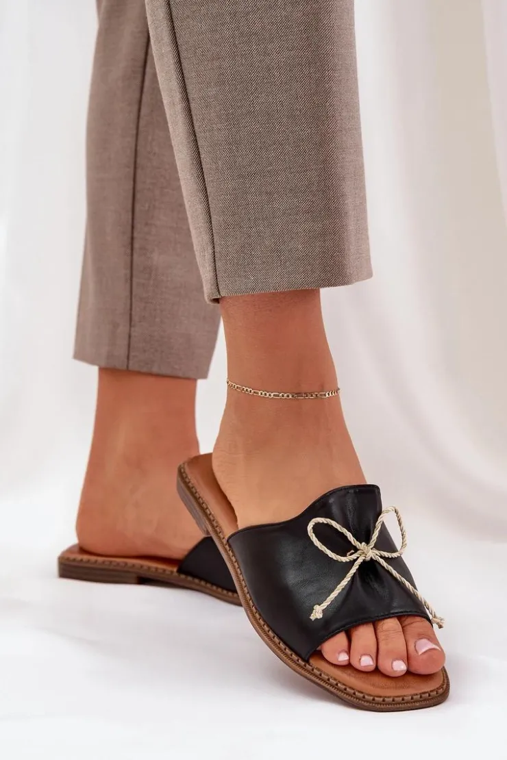 Boto Klapki Damskie Klasyczne*Klapki Na Płaskiej Podeszwie Z Ozdobną Kokardką Czarne Deonelis Czarny