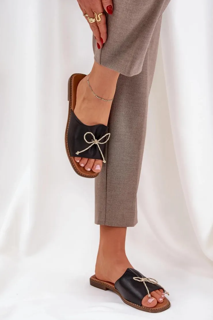 Boto Klapki Damskie Klasyczne*Klapki Na Płaskiej Podeszwie Z Ozdobną Kokardką Czarne Deonelis Czarny