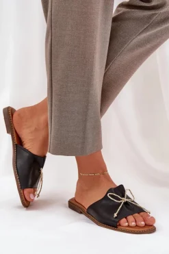 Boto Klapki Damskie Klasyczne*Klapki Na Płaskiej Podeszwie Z Ozdobną Kokardką Czarne Deonelis Czarny