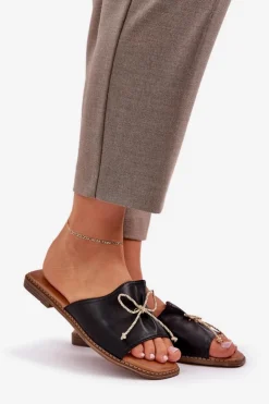 Boto Klapki Damskie Klasyczne*Klapki Na Płaskiej Podeszwie Z Ozdobną Kokardką Czarne Deonelis Czarny