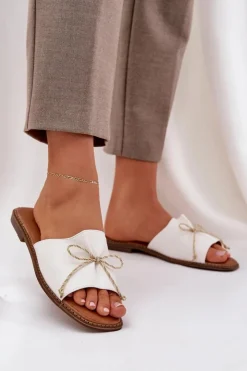 Damskie Boto Klapki Na Płaskiej Podeszwie Z Ozdobną Kokardką Białe Deonelis