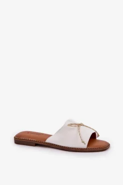 Damskie Boto Klapki Na Płaskiej Podeszwie Z Ozdobną Kokardką Białe Deonelis