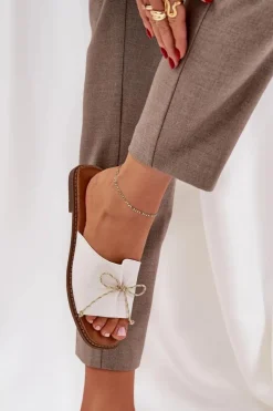 Damskie Boto Klapki Na Płaskiej Podeszwie Z Ozdobną Kokardką Białe Deonelis