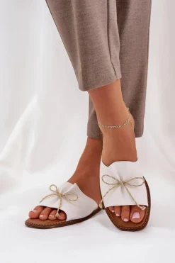 Damskie Boto Klapki Na Płaskiej Podeszwie Z Ozdobną Kokardką Białe Deonelis