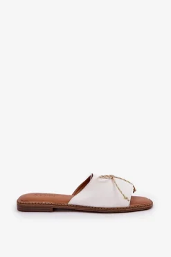 Damskie Boto Klapki Na Płaskiej Podeszwie Z Ozdobną Kokardką Białe Deonelis