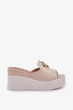 Damskie Boto Klapki Na Platformie I Koturnie Z Ozdobą Jasnobeżowe Nanessia