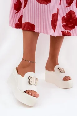 Boto Klapki Na Koturnie|Klapki Na Platformie*Klapki Na Platformie I Koturnie Z Ozdobą Białe Tanonea
