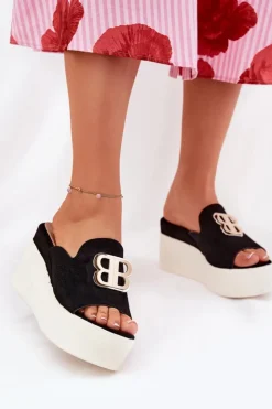 Boto Klapki Na Koturnie|Klapki Na Platformie*Klapki Na Platformie I Koturnie Z Ozdobą Czarne Tanonea Czarny