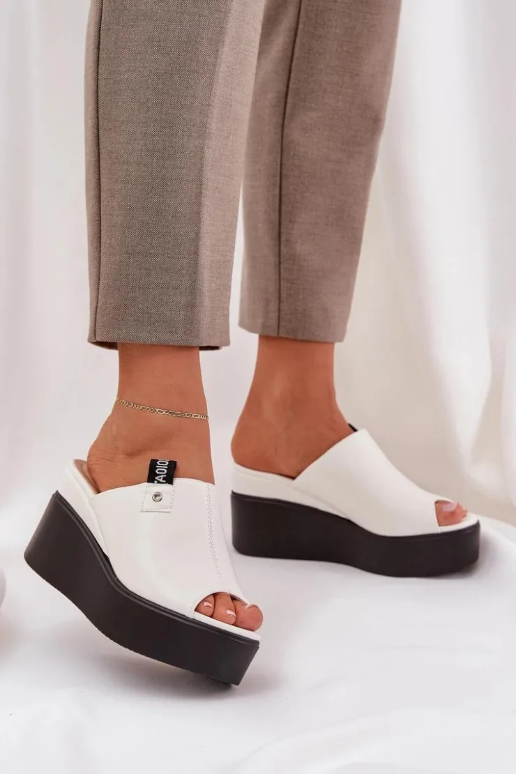 New Boto Klapki Na Platformie I Koturnie Eko Skórzane Białe Eridoria
