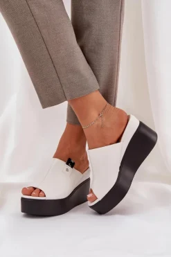 New Boto Klapki Na Platformie I Koturnie Eko Skórzane Białe Eridoria