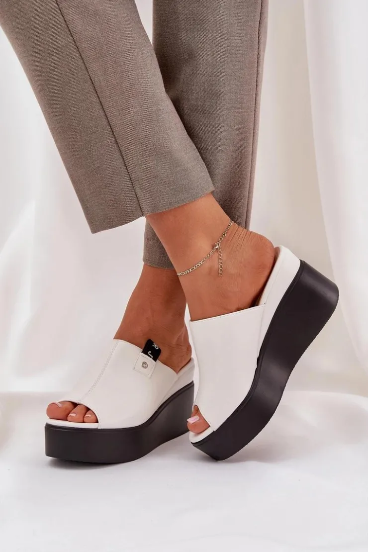 New Boto Klapki Na Platformie I Koturnie Eko Skórzane Białe Eridoria