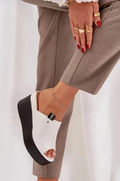 New Boto Klapki Na Platformie I Koturnie Eko Skórzane Białe Eridoria