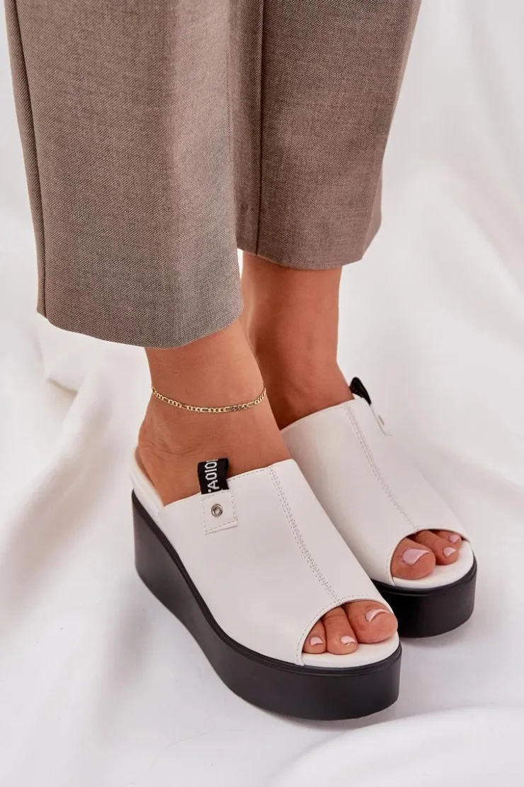 New Boto Klapki Na Platformie I Koturnie Eko Skórzane Białe Eridoria