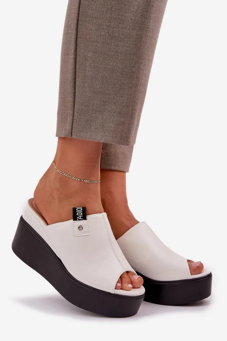 New Boto Klapki Na Platformie I Koturnie Eko Skórzane Białe Eridoria