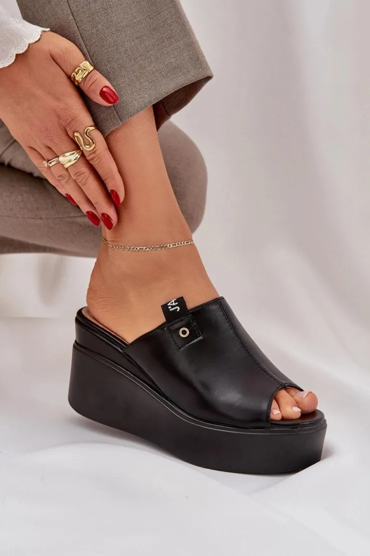 Damskie Boto Klapki Na Platformie I Koturnie Eko Skórzane Czarne Eridoria