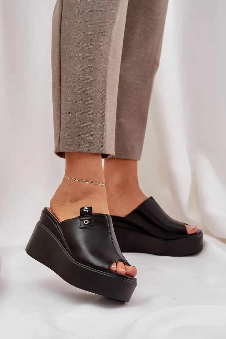 Damskie Boto Klapki Na Platformie I Koturnie Eko Skórzane Czarne Eridoria