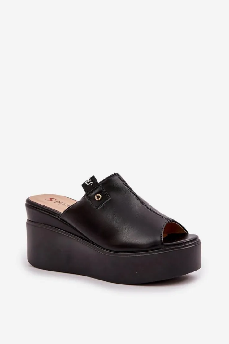 Damskie Boto Klapki Na Platformie I Koturnie Eko Skórzane Czarne Eridoria