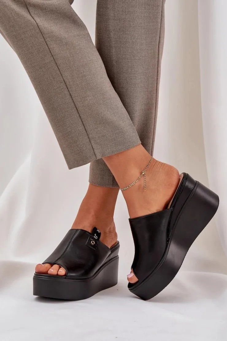 Damskie Boto Klapki Na Platformie I Koturnie Eko Skórzane Czarne Eridoria